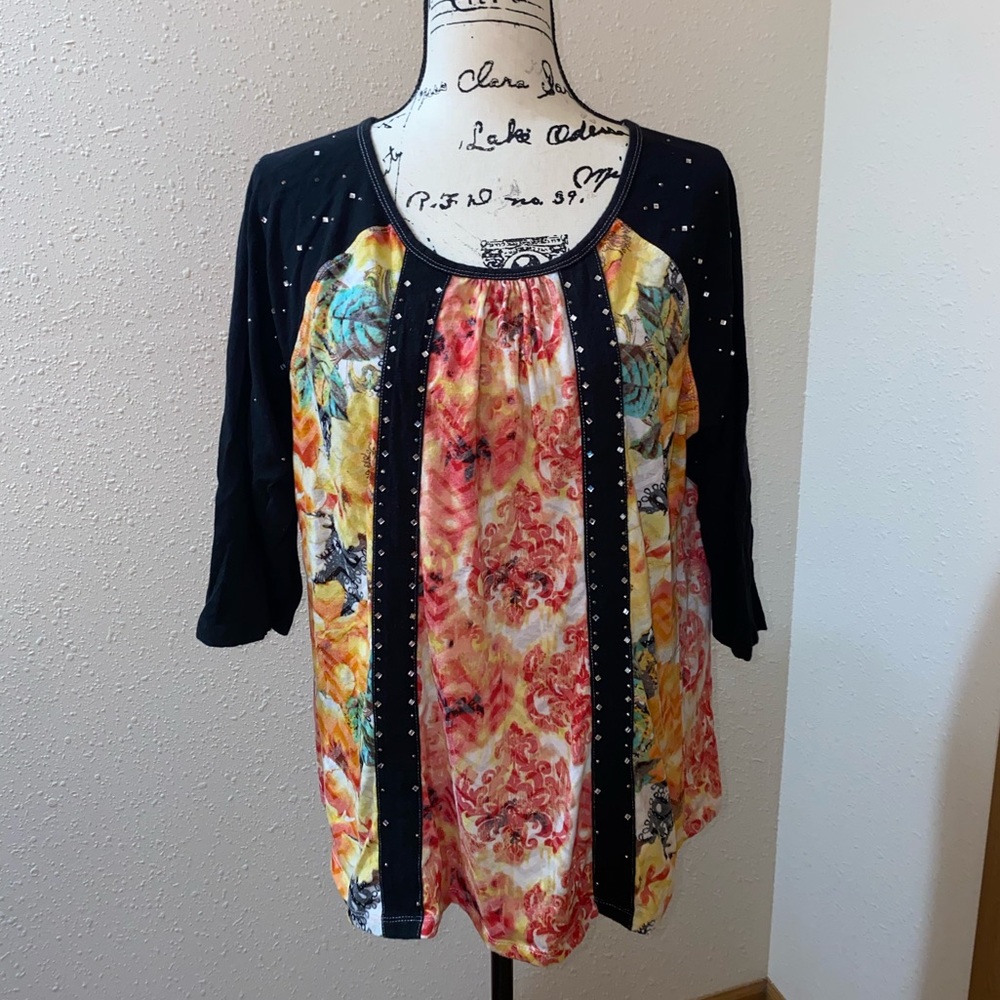 ONQUE CASUALS Rose Flower Embellished Top XL #40